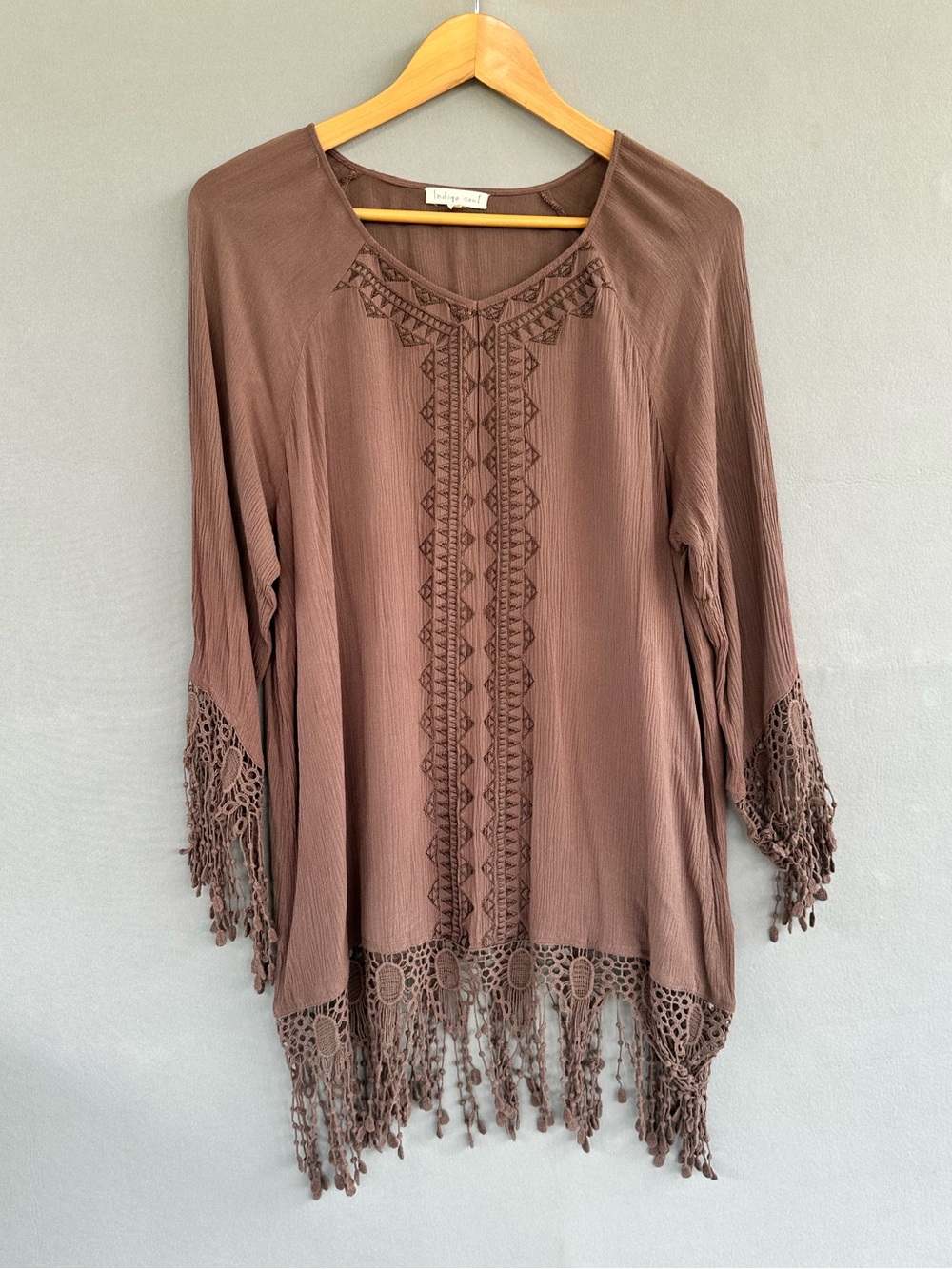 indigo soul Brown Crochet-Trim Tassel Hem Blouse - Picture 3 of 10